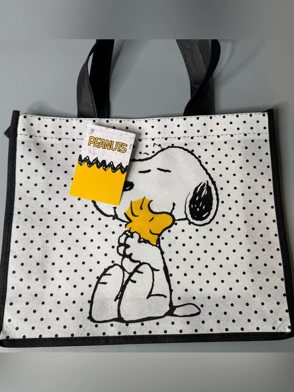 Peanuts White & Yellow Snoopy and Woodstock Polka Dot Tote reusable gift ba